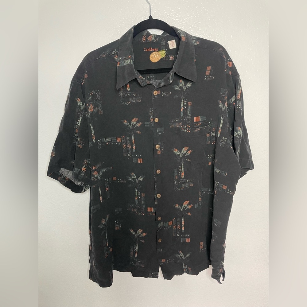 CARIBBEAN HAWAIIAN BUTTON DOWN SHIRT 97% SILK MENS 2X SHORT SLEEVE TROPICAL